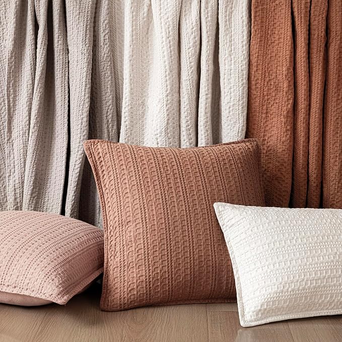 Foindtower Set of 2 Decorative Cotton Waffle Weave Throw Pillow Covers Euro Shams Cushion Covers Accent European Pillowcase for Bed Couch Sofa Bedroom Living Room Home Decor 24×24 Inch Coral Pink