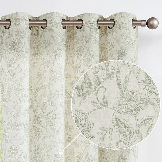 jinchan Floral Linen Blend Curtains for Living Room Green French Country Farmhouse Curtains 96 Inches Long Light Filtering Kitchen Window Grommet Top Semi Sheer 2 Panels