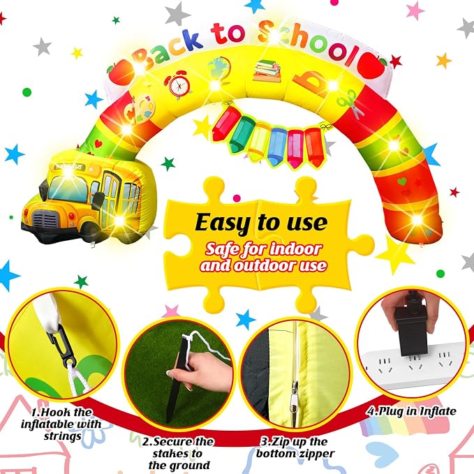 VIHOSE Back to School Inflatable Rainbow Arch, 6.5 FT Width Welcome Arch with School Bus Crayon Design,Built in LED Lights for Entrance Classroom Party