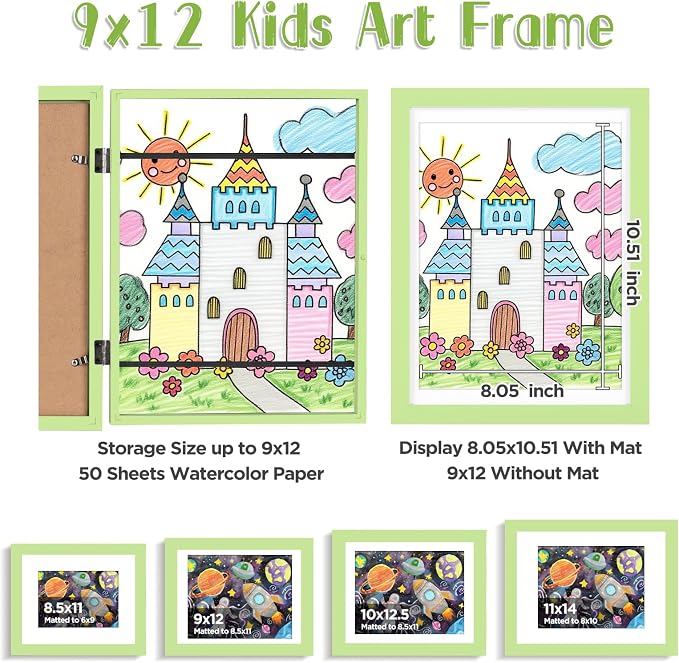 KINLINK 9x12 Kids Art Frame 2 Pack, Solid Wood Artwork Frames Changeable, Front Opening Hold 150 Pictures, Art Frames for Kids Artwork, 8.5x11 with Mat 9x12 without Mat, Picture Frames Light Green