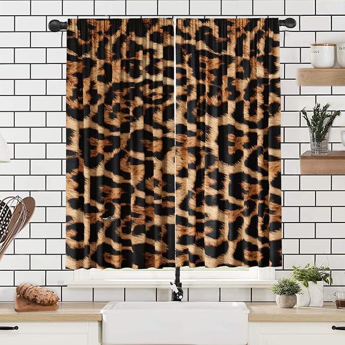 Leopard Kitchen Curtains Sets 27.5Wx39H 2 Panels for Windows Rod Pocket Wild Animals Cheetah Print Style Window Drapes Fabric Curtains