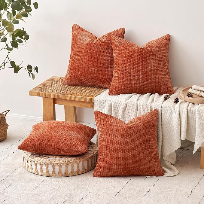 MIULEE Pack of 4 Couch Throw Pillow Covers 18x18 Inch Burnt Orange Soft Decorative Chenille Pillow Covers Farmhouse Accent Cushion Covers for Boho Fall Home Decor Sofa Bedroom Living Room