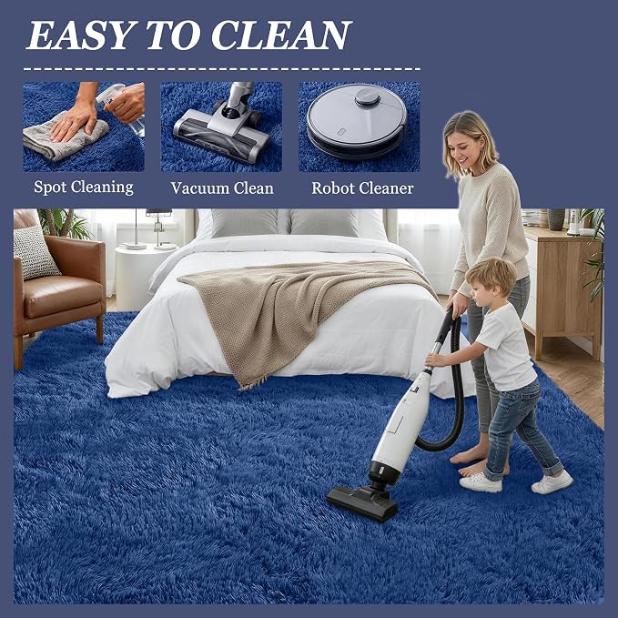 8x10 Area Rugs for Living Room Bedroom: Ultra Soft Fluffy Shag Rug Upgrade Non-Slip Non-Shedding Large Fuzzy Plush Carpet Indoor Floor Carpets for Kids Room Playroom Nursery Dorms Home Decor Blue