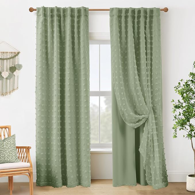 Sage Green Back Tab Pom Pom Curtains for Girls Room Bedroom Nursery Living Room Blackout Curtains Double Layer,96 Inch Length