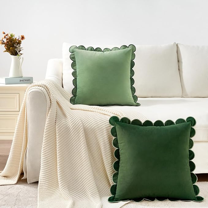 MONDAY MOOSE Decorative Throw Pillow Covers Cushion Cases, Set of 2 Soft Velvet Scalloped Round Edge Designs, Mix and Match for Home Decor, Pillow Inserts Not Included (16x16 inch, Green/Light Green)