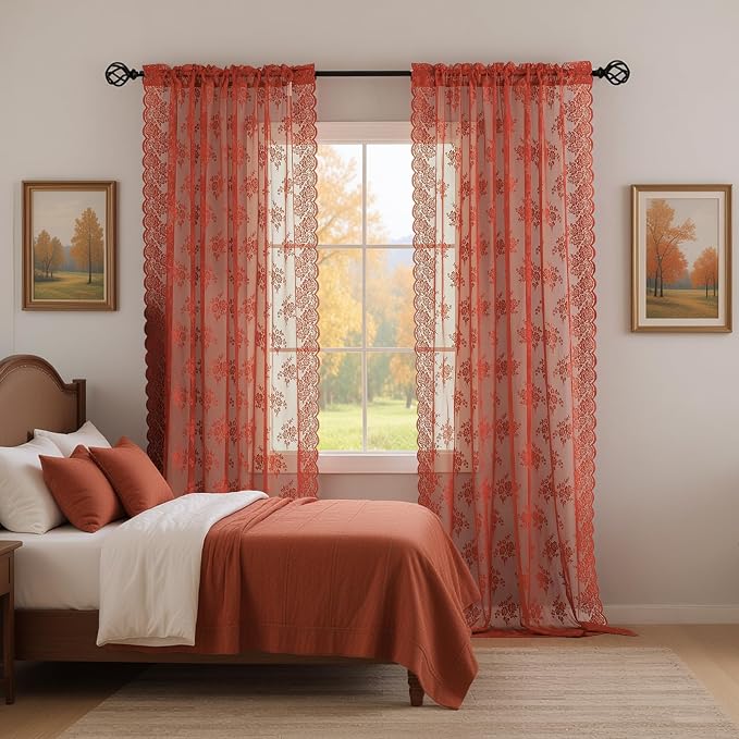 Kotile Burnt Orange Sheer Curtains 108 Inches Long for Living Room, Country Rustic Rust Floral Lace Sheer Curtains, Rod Pocket Privacy Sheer Window Curtains, 52 x 108 Inch, 2 Panels, Burnt Orange