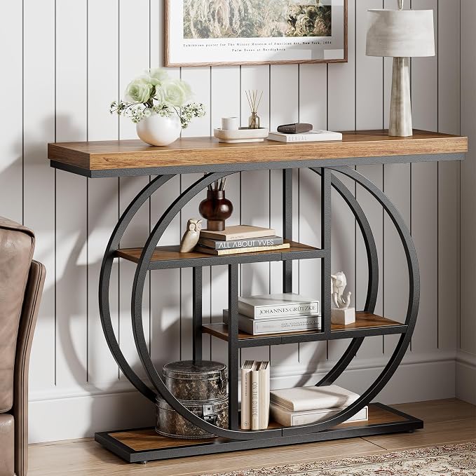 41.3" Console Table, Modern Sofa Table with Circle Base, 4-Tier Narrow Entryway Table for Hallway, Slim Industrial Accent Table with Storage Shelves for Living Room, Rustic Brown