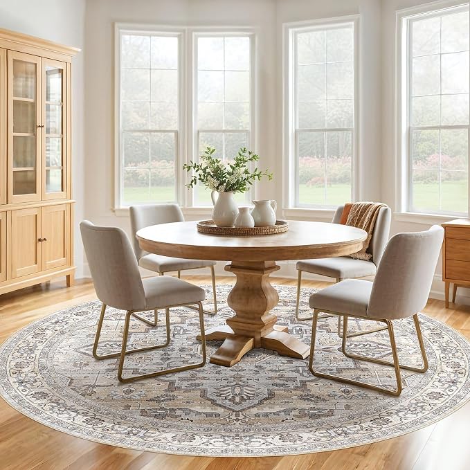 Round Rug Living Room Rugs: 10x10 Washable Boho Neutral Large Circle Soft Indoor Distressed Stain Resistant Floor Farmhouse Carpet for Bedroom Nursery Kids Playroom Office Dining Room Dorm- Cream Gray
