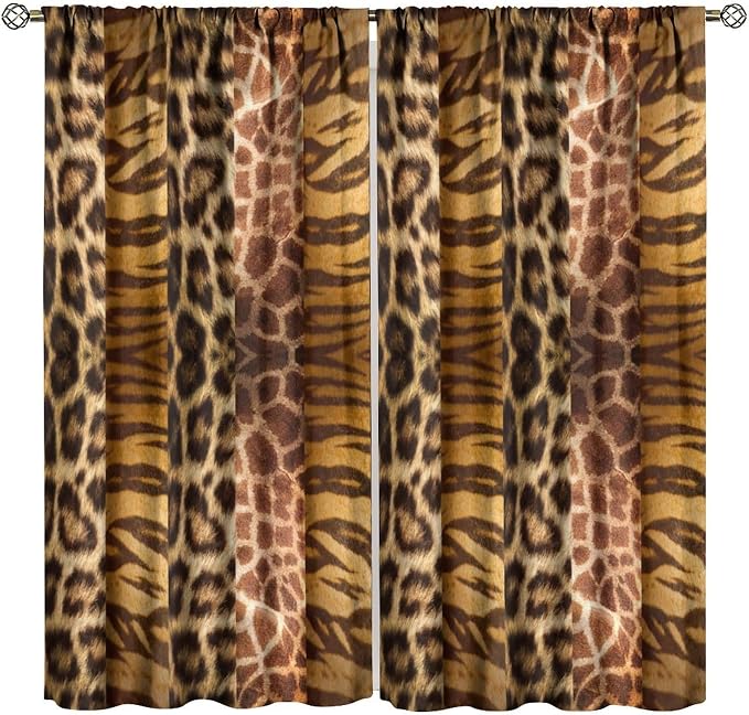 Leopard Print Blackout Curtain, Retro Wild Animal Skin Farmhouse Fur Leopard Print Curtains Rod Pocket Window Treatments 2 Panels Drapes for Kitchen Bedroom Living Room Office Deocr 84"W X 84"L