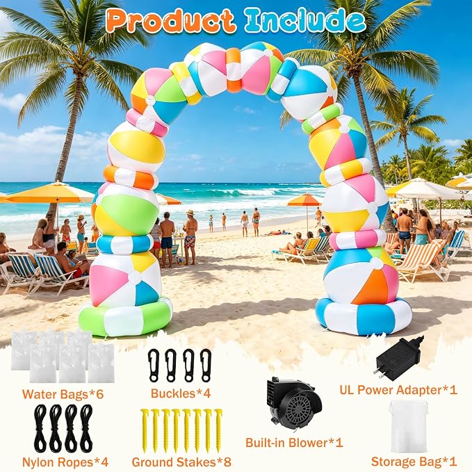 8 FT Inflatable Beach Ball Arch, Summer Inflatable Outdoor Decorations, Blow Up Beach Ball Archway with Built-in 8 LED Lights for Pool Beach Luau Party Yard Garden Photos Backdrop