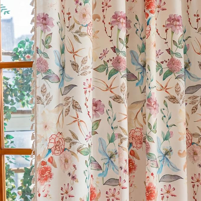 OYX Boho Floral Curtains 96 Inch, Linen Farmhouse Flower Drapes with Lace & Tassels, Light Filtering Semi Sheer Curtains for Living Room Bedroom, 2 Panels