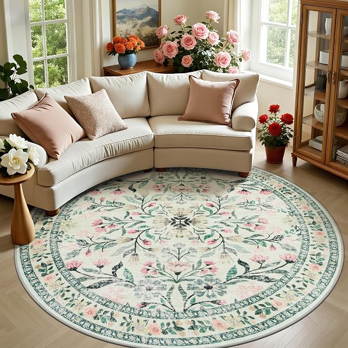 Round Area Rug for Living Room: 8 ft Floral Washable Circle Rug Soft Boho Non-Slip Carpet Indoor Floor Stain Resistant Low Pile Small Circular Rug for Bedroom Entryway Kitchen Nursery Green/Beige