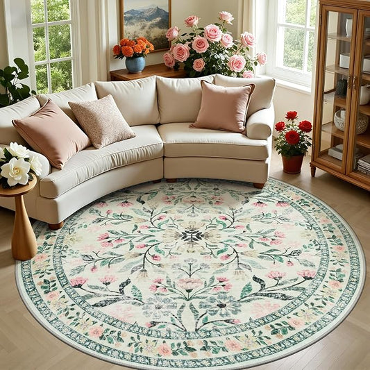 Round Area Rug for Living Room: 8 ft Floral Washable Circle Rug Soft Boho Non-Slip Carpet Indoor Floor Stain Resistant Low Pile Small Circular Rug for Bedroom Entryway Kitchen Nursery Green/Beige