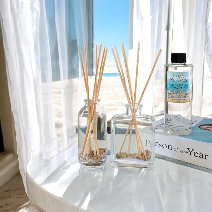 Urban Naturals Reed Diffuser Set, Ocean Mist & Sea Salt - Bathroom Décor | Made with Essential Oils & Real Seashells, Decorative Air Freshener Room Diffuser