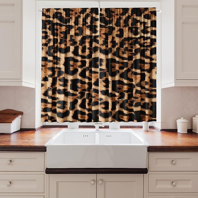 Leopard Kitchen Curtains Sets 27.5Wx39H 2 Panels for Windows Rod Pocket Wild Animals Cheetah Print Style Window Drapes Fabric Curtains