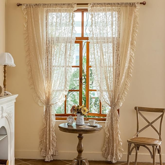 TUDECO Lace Beige Curtains for Bedroom, 80 Inch Length 2 Panels, Cozy Farmhouse Style, Sheer Floral Ruffle Design, Rod Pocket Top, Boho Home Decor, 59W x 80L, Light Beige