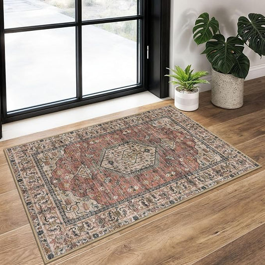 KUTA Vintage Entryway Rugs Indoor Terracotta Washable Rug 2x3 Non-Slip Soft Printed Floral Medallion Doormat Small Accent Farmhouse Kitchen Throw Carpet for Entrance and Bedroom