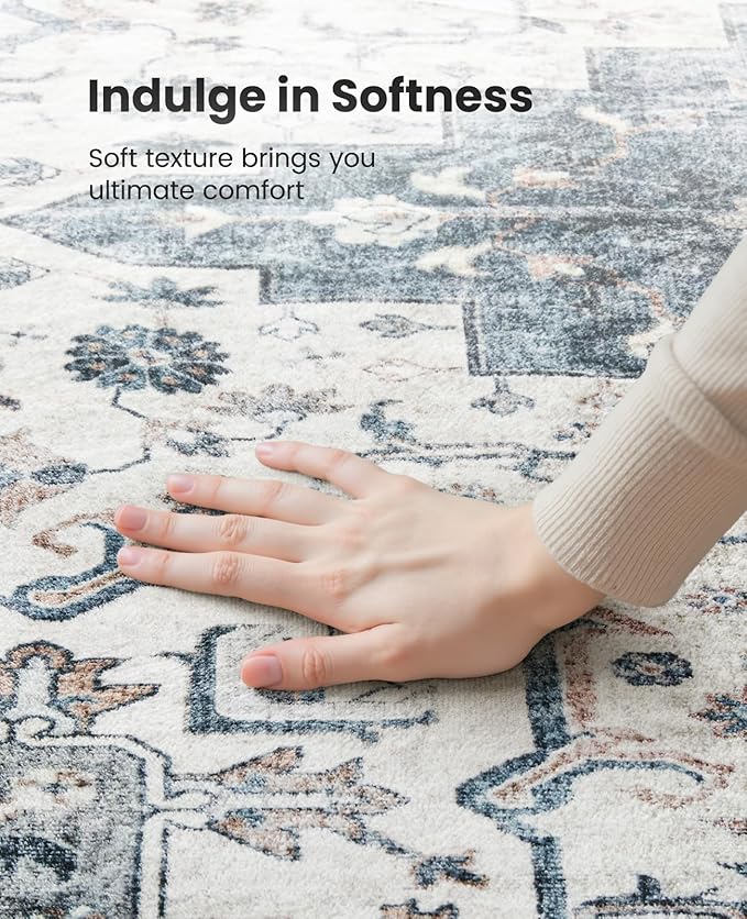 AMADA HOMEFURNISHING Round 6ft Area Rugs, Low-Profile Washable Rug with Non-Slip Backing & Durable Edge Binding, Vintage Rugs for Living Room, Bedroom, Dinning Room