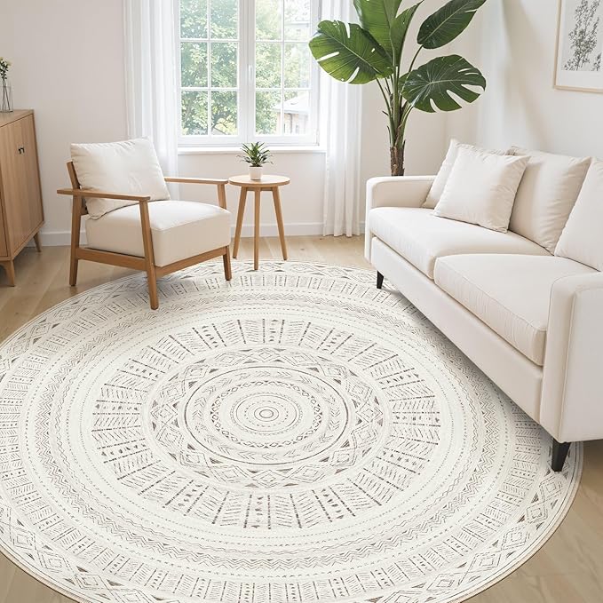 cotiled 8x8 Round Area Rugs Living Room Rug: Washable Boho Rugs with Non Slip Backing Large Soft Indoor Stain Resistant Carpet for Bedroom Farmhouse Dining Room Lightweight Home Decor L Brown/Cream