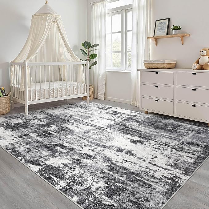 7x9 Area Rug Living Room: Washable Large Neutral Rug Abstract Soft Modern Stain Resistant Indoor Floor Non-Slip Carpet for Bedroom Nursery Kids Office Playroom Dining Room Under Table- Black White