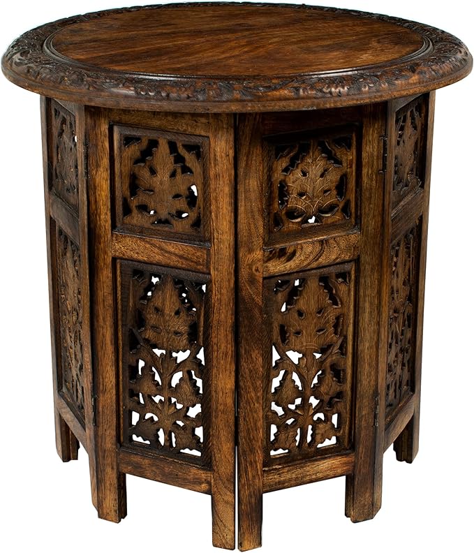 Solid Wood Accent End Table - Hand Carved Vintage Boho Folding Side Table - Small Spaces Entryway Farmhouse Living Room Bedside - No Tools Assembly -18x18 Round - Jaipur Antique Brown -Cotton Craft