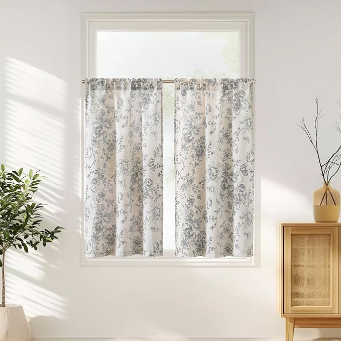 jinchan Floral Linen Tier Curtains 45 Inch Farmhouse Botanic Cafe Drapes for Small Windows Rustic Half Window Curtains for Kitchen Living Room Bathroom Laundry 2 Panels Grey on Beige