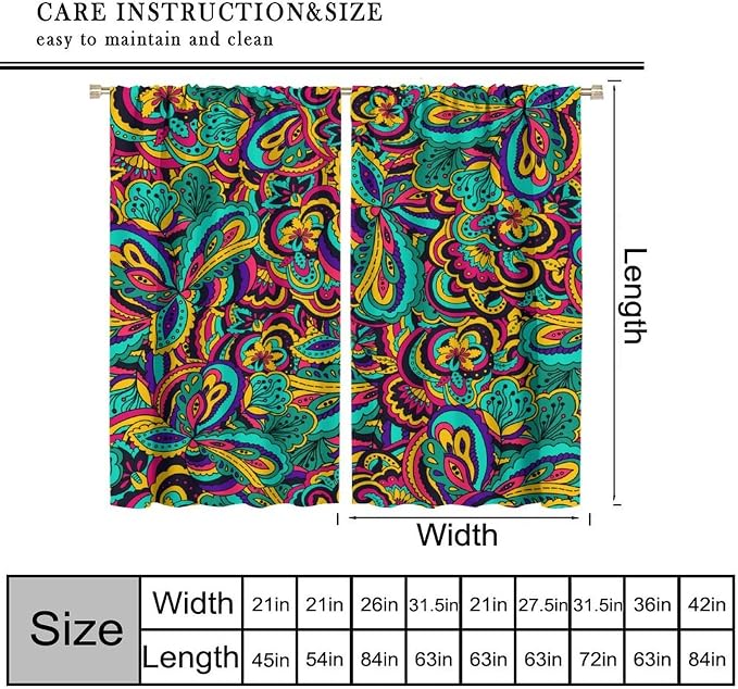 Bohemian Dream Curtains, Colorful Paisley Floral Pattern, Blackout and Soundproof Curtains for Bedrooms, Living Rooms, and Kitchens72X63 Inch
