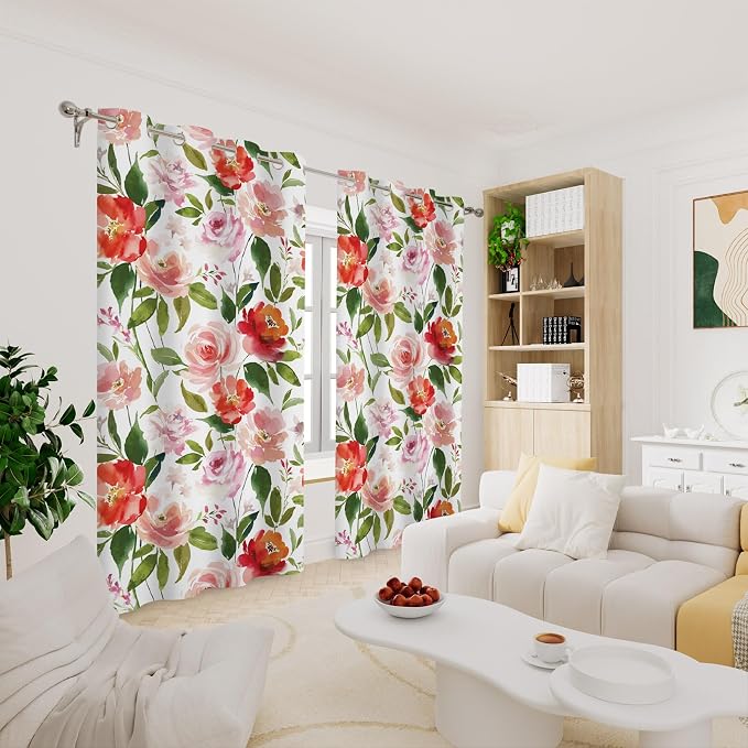 Renaiss Watercolor Flowers Curtains Rose Peony Floral Print Blackout Window Curtain Panels Thermal Insulated Grommet Top Window Curtains for Living Room Bedroom 29W x 55L Inch 2 Panel Set