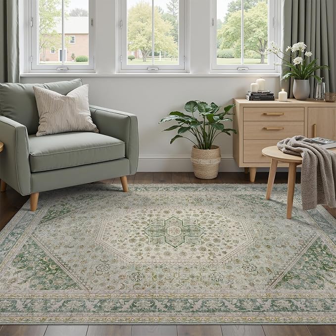 DCX Green 3x5 Entryway Rug, Machine Washable with Non Slip Backing Vintage Floral Rug Soft Low Pile, Stain Resistant for Entryway, Kitchen, Bathroom, Front Door