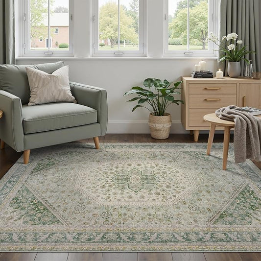 DCX Green 3x5 Entryway Rug, Machine Washable with Non Slip Backing Vintage Floral Rug Soft Low Pile, Stain Resistant for Entryway, Kitchen, Bathroom, Front Door