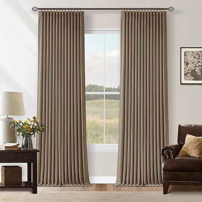 Latte Dual Layer Blackout 102 Inch Length Curtains 2 Panels Pinch Pleated for Sliding Glass Door Luxury Pinch Pleated Flax Linen Ceiling Track Curtain Thermal Room Darkening Light Brown Window Drapes