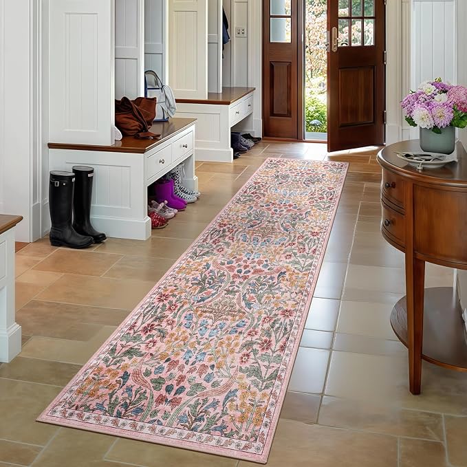 2x6 Machine Washable Runner Rug, Kitchen Hallway Area Rug Pink Vintage Boho Floral Non-Slip Low Pile Soft Faux Wool Carpet Kids and Pets Friendly for Bedroom Entryway Nursery Home Decor Rug