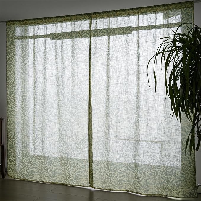 RoomTalks Green Floral Window Curtains 84 Inches Length 2 Panels, Boho Country Vintage Cute Botanical Vine Leaf Faux Linen Curtain Panels for Bedroom Dining Living Room Dorm Summer Aesthetic Decor