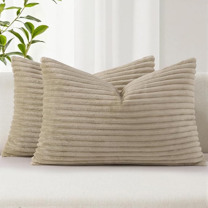 Simmore Decorative Fall Throw Pillow Covers 12x20 Set of 2, Soft Natural Plush Flannel Double-Sided Fluffy Rectangle Pillow Covers for Couch Sofa Living Room, Khaki