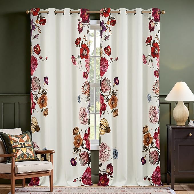 jinchan Hannah Floral Blackout Curtains with Retro Vintage Beige Boho Flower Print Drapes for Bedroom Living Room Fall Decor Window Curtains Room Darkening 96 Inches Length 2 Panels Set with Grommet