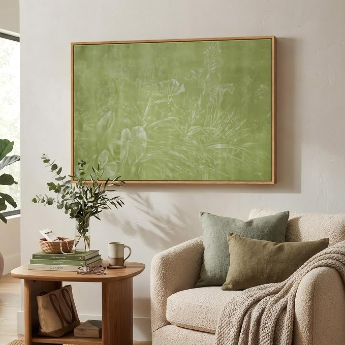Framed Green Abstract Botanical Wall Art, Modern Minimalist Sage Green Canvas Prints Artwork for Walls, Flower Silhouette Paintings Wall Decor for Living Room Bedroom Dinning Room Office, 24x36 In