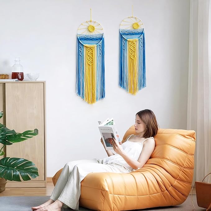 Artilady 2 Pack Blue Sun Wall Decor Macrame Hanging Tapestry Sunshine Sunset Wall Art Set, Rustic Woven Tapestries Boho Dream Catcher Colorful Decor for Bedroom Living Room Nursery (Blue 2Pcs)