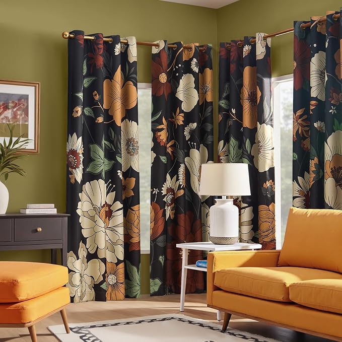 Lazzzy Floral Curtains for Bedroom Living Room Vintage Blackout Curtains 90 Inches Long Room Darkening Drapes Grommet Flower Patterned Window Treatments Set of 2 Panels, 52" x 90"
