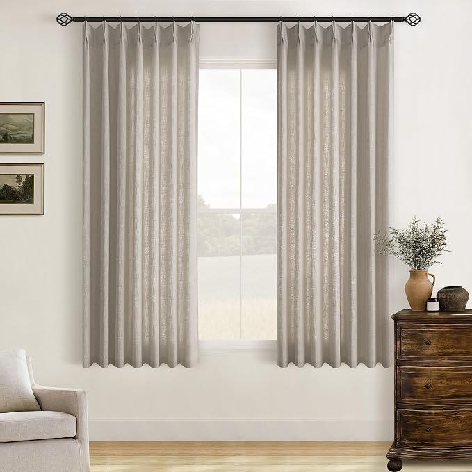 Burlywood Birch Pinch Pleated Linen Curtains 63 Inch Length 2 Panels for Living Room Bedroom Memory Trained Semi Sheer Short Pleat Drapes with Hooks Rings Back Tab Window Curtain Cabin Closet 40x63