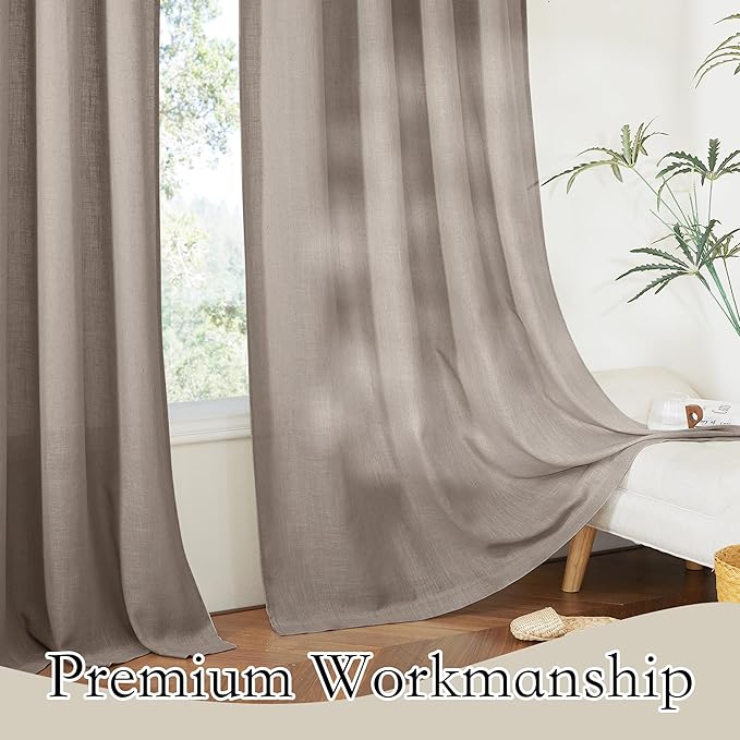 RYB HOME Sheer Curtains 95 inches Long - Linen Texture Semi Sheer Draperies Light Airy Breezy Window Decor for Sun Room Hotel Office Dorm Open House Bedroom, Birch Brown, W 52 x L 95, 2 Pcs
