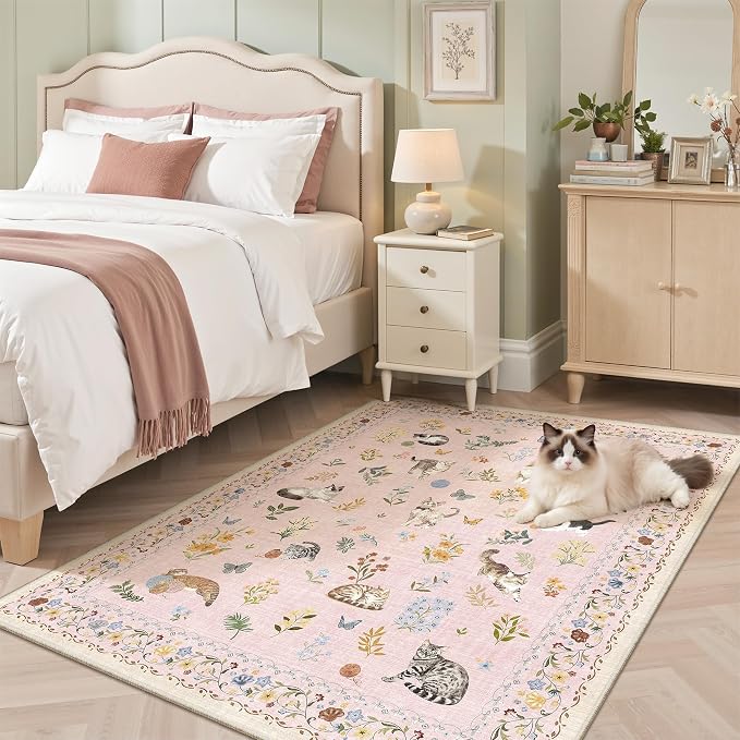 Soalmost Cat 3x5 Area Rugs for Entryway, Machine Washable Animal Floral Accent Rug Non-Slip Low Pile Soft Throw Rugs for Kitchen Bedside Living Room Bedroom Kids Room (3 x 5,Pink)