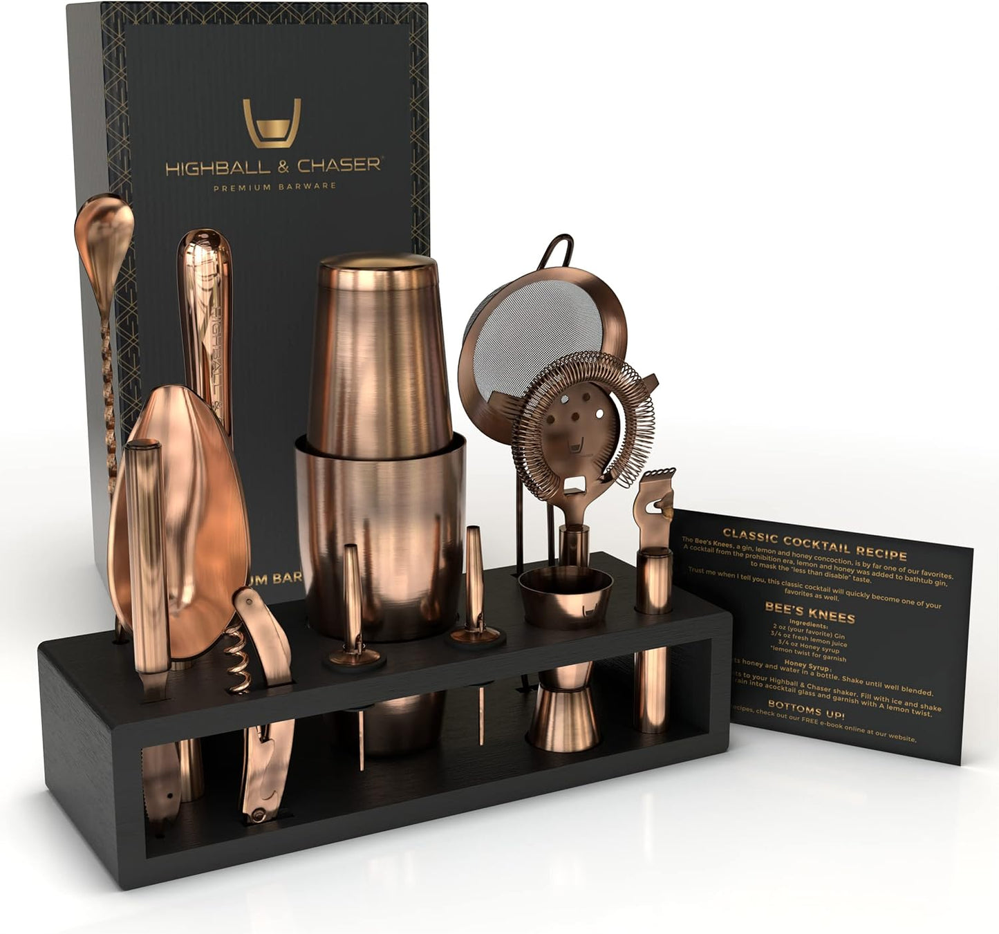 Highball & Chaser Bartender Kit with Black Bamboo Stand Beautiful Cocktail Shaker Set and Bar Tools Stainless Steel Boston Shaker Bartender Kit with Stand (Antique Copper)