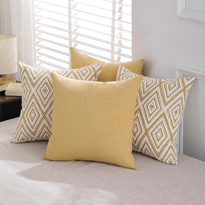 HPUK Throw Pillow Covers 18x18 Inch Set of 4, Linen Decorative Pillow Covers, Accent Cushion Covers for Couch Sofa Bed Bedroom Living Room Décor, Ochre