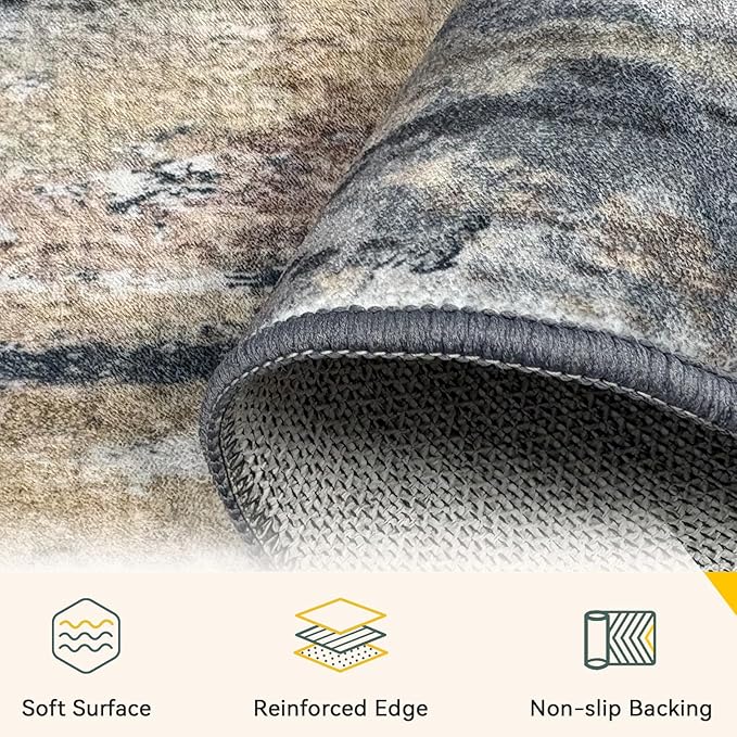 RELEANY Washable Area Rugs 5'x7' Non-Slip Modern Abstract Soft for Living Room Entryway Bedroom Kitchen, Print Pattern, Charcoal Brown