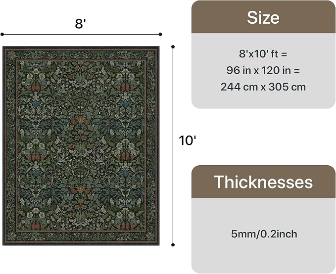 GENIMO 8x10 Washable Area Rugs for Living Room, Non Slip, Dark Green | Vintage Boho Floral Low Pile Thin Carpet for Bedroom, Dining Room, Nursery, Indoor Decor