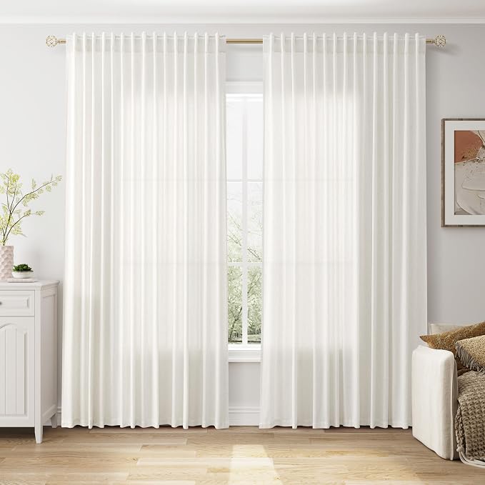 Nanspring Extra Wide 100 Inch Curtains for Living Room 102 Inches Long Linen Farmhouse Sheer Curtains for Sliding Door Beige White Long Curtain for Bedroom Back Tab and Rod Pocket 100x102,2 Panels
