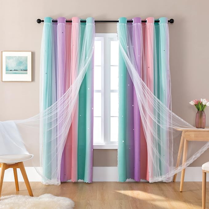 XiDi Curtains for Bedroom Decor, Rainbow Blackout Curtains for Kids/Little Girl Room Decor, Unicorn Wall Decals,1 Panel PinkPuGreen-62-63