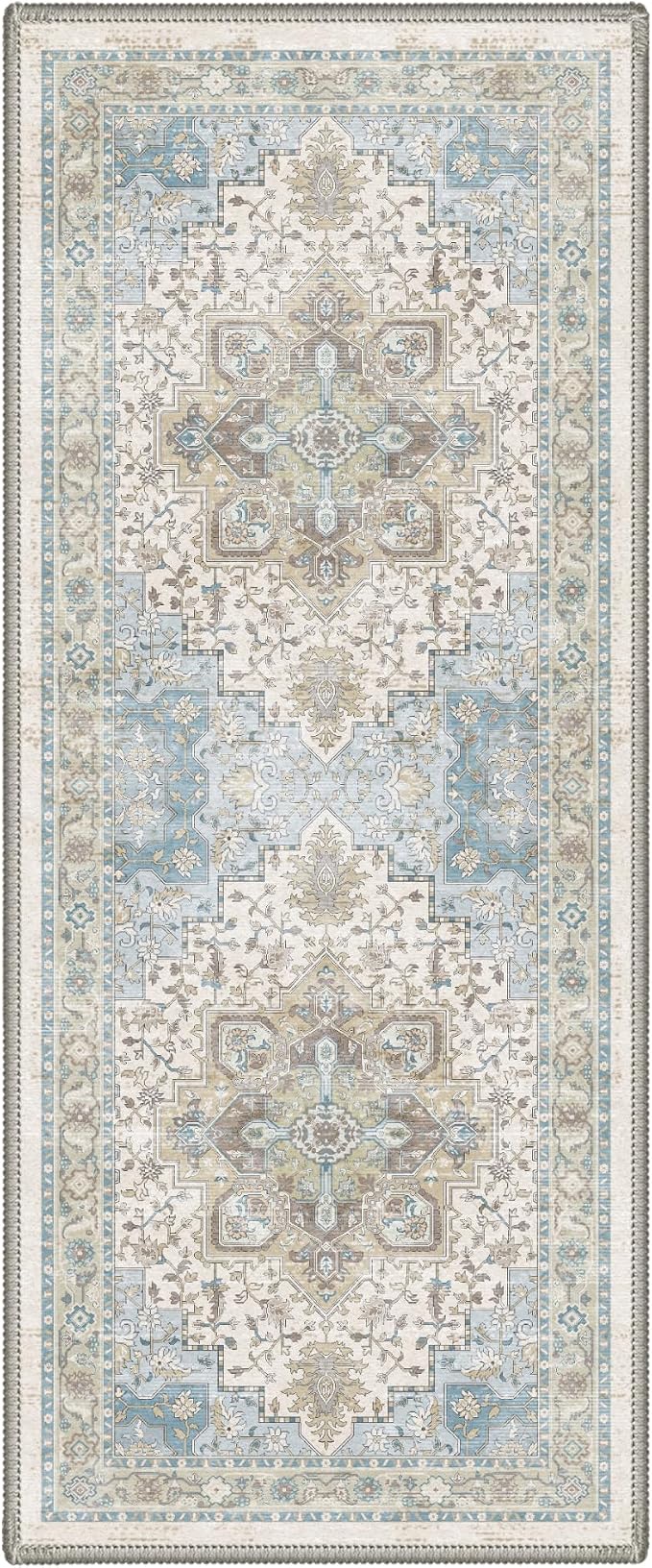 GENIMO 2x5 Runner Rugs for Hallway Kitchen and Laundry Room Non Slip Low Pile Machine Washable Lightweight Print Rug for Bedroom Bathroom Entryway, Floral Medallion, Dusty Blue