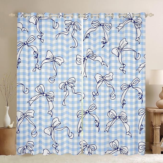 Feelyou Kawaii Bow Room Darkening Blackout Curtain Plaid Girls Bow Curtains for Bedroom Living Room Cute Bowknot Blackout Curtains (2 Panels, 52 x 90 Inch) Lovely Grid Window Treatments