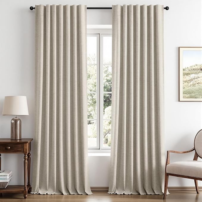 MIULEE 100% Blackout Linen Curtains for Bedroom, Stone Solid Luxury Decor Thermal Insulation Room Darkening Drapes for Living Room Back Tab Rod Pocket 42 x 96 Inches, 2 Panels